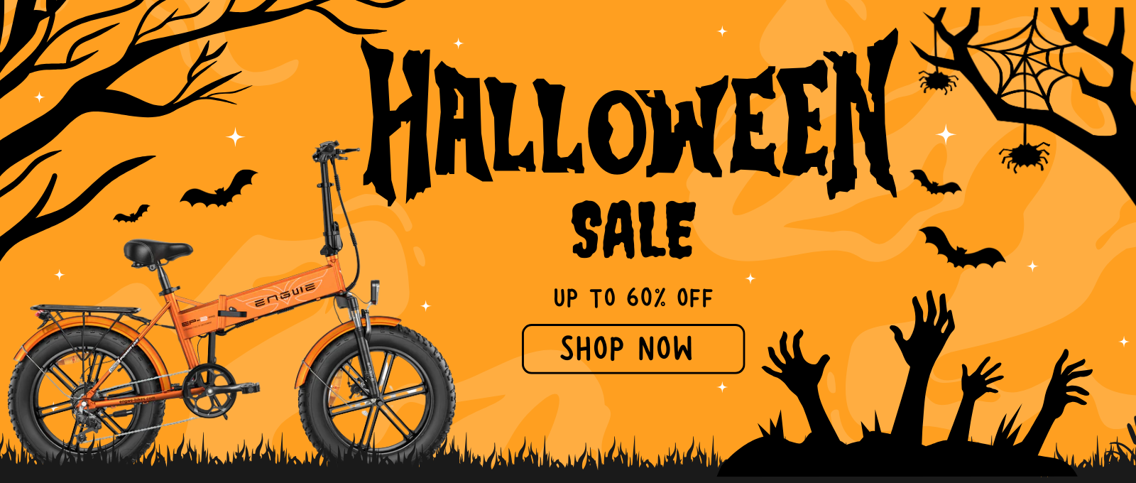 Halloween sale banner with a bike and spooky elements on an orange background